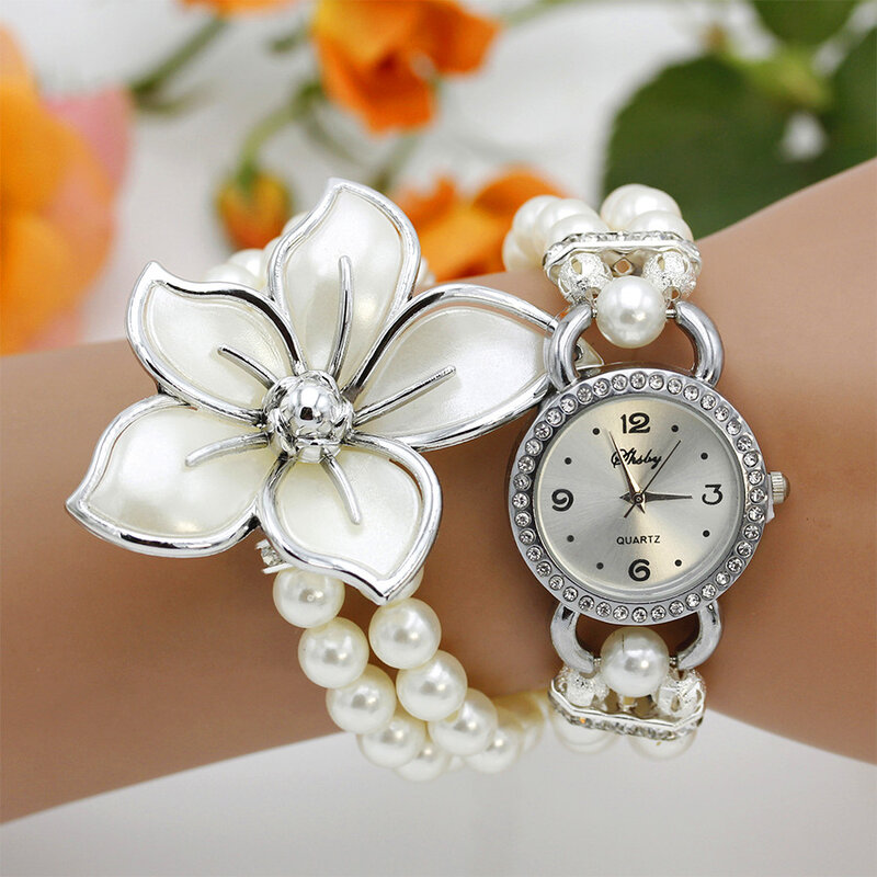 女性のための新しいファッション時計,パールチェーン,白い花,クォーツ,腕時計,ラインストーン