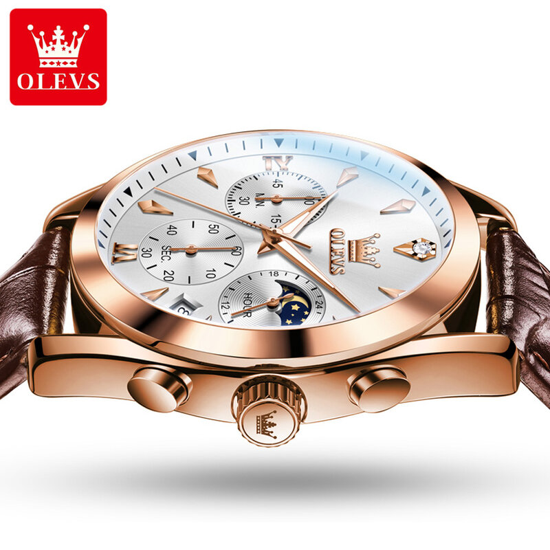 OLEVS-reloj de cuarzo para hombre, cronógrafo de cuero, resistente al agua, con calendario luminoso, de lujo, a la moda, nuevo