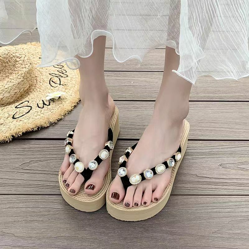 Sandal wedge Flip-Flop wanita, Kasut sol tebal 7cm Non Slip pantai luar ruangan musim panas