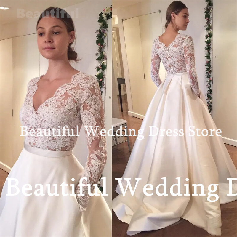 Vestidos de novia 2024V-Neck Long Sleeve Wedding Dress Lace Appliques A-Line Satin With Pocked Floor-Length Wedding Party Dress
