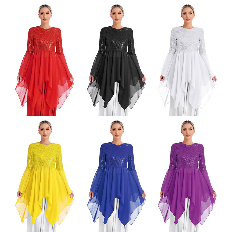Women's Sequins Flared Sleeve Praise Dance Dress with Maxi Skirt Liturgical Church Choir Dancewear Asymmetrical Hem Tutu Dress