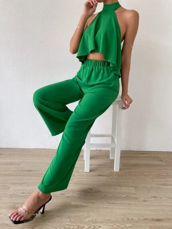 New Fashion Set with Backless High and Low Hem Backless Top and Pants Sexy Two Piece Set Women