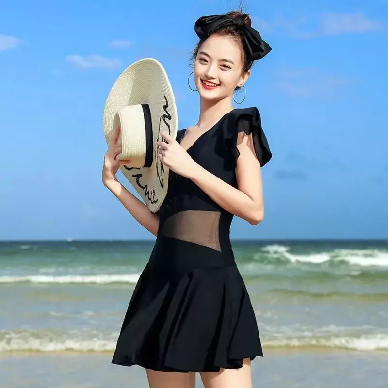 New 2024 Korea Style Sexy Backless One Piece Swimsuit Women Solid Swimwear Skirt Monokini Ruffle Push Up Pad Bathing Suit