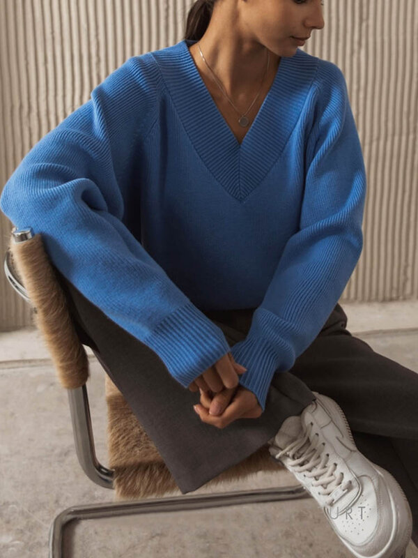 Sweter Kerah V Mode Lengan Panjang Pullover Antik Wanita Musim Gugur Gaya Baru Sweter Rajutan Atasan Kasual Longgar Wanita Musim Dingin 2023