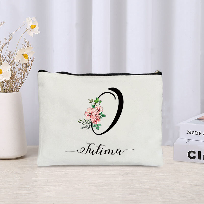 Bolsa de cosméticos con inicial de flores, bolsa de maquillaje Floral con nombre personalizado, almacenamiento de brochas de maquillaje, bolsa de viaje, regalos de moda para niñas