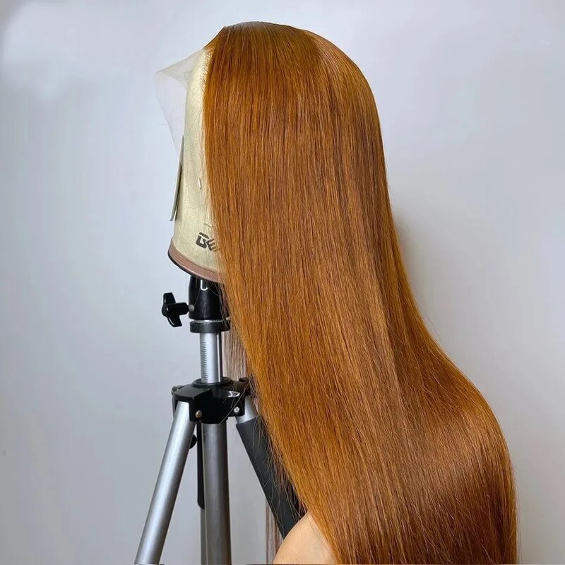 Pelucas frontales de encaje transparente, cabello humano liso, color rubio jengibre, 13x6, #30, 5x5
