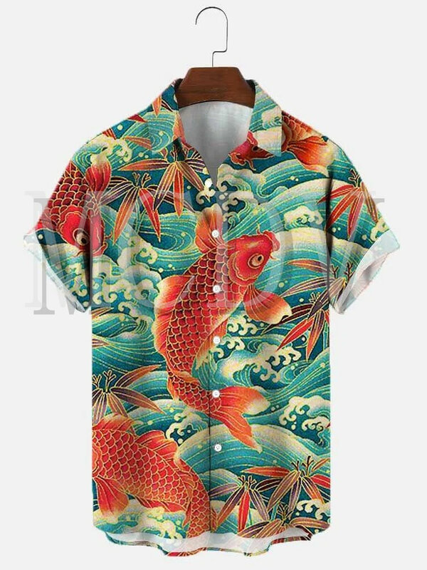 Camisas masculinas para mulheres vintage koi peixe imprimir casual respirável manga curta camisa havaiana