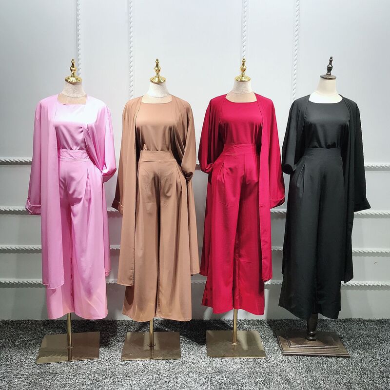 Conjunto de três peças de moda muçulmana para mulheres, cardigã sólido, abaya, dubai, peru, eid, islâmico, vestido confortável
