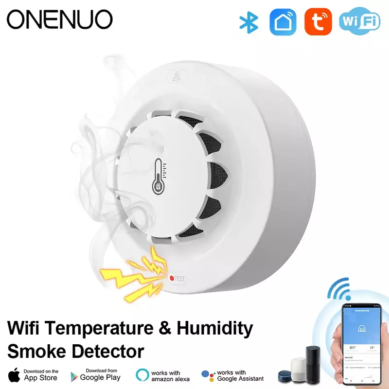 ONENUO detektor asap WiFi Alarm asap api dengan deteksi kelembaban suhu suara 80dB untuk Alexa Google Home Tuya kehidupan cerdas