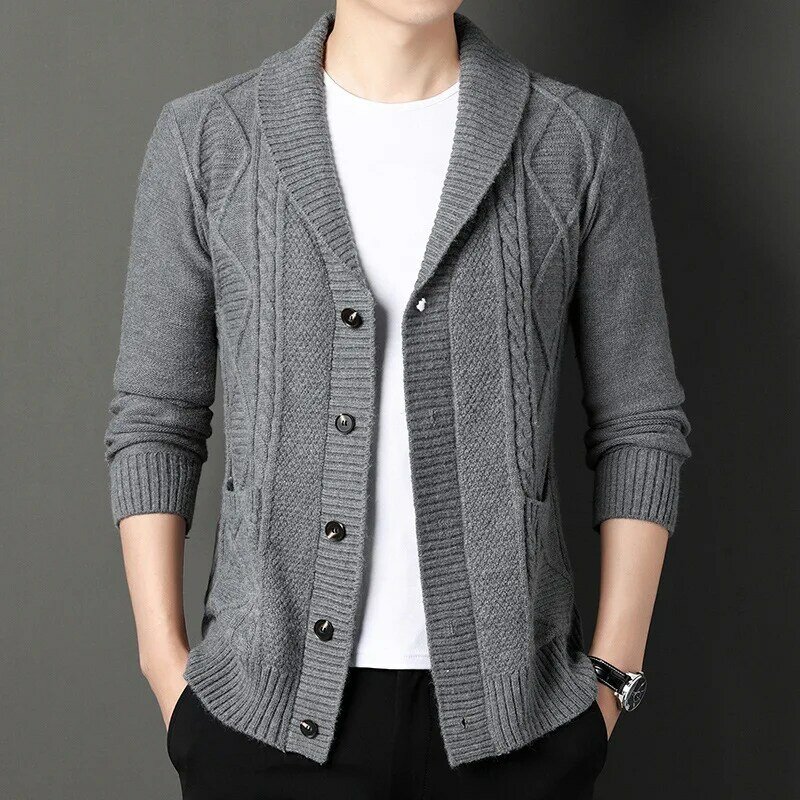 Autumn New Thicken Knitted Cardigan Sweater Men Loose Turn-Down Collar Diamonds Sweater Single Breasted Solid Casual Sweater