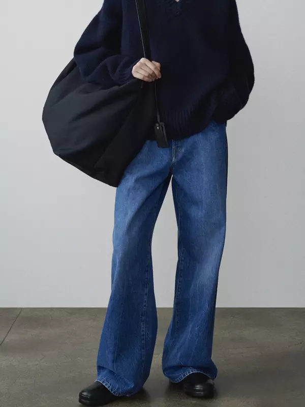 Pantaloni in Denim a figura intera da donna cerniera Fly Button vita alta vestibilità ampia 2024 nuovi Jeans a gamba larga OL All-Match con tasche