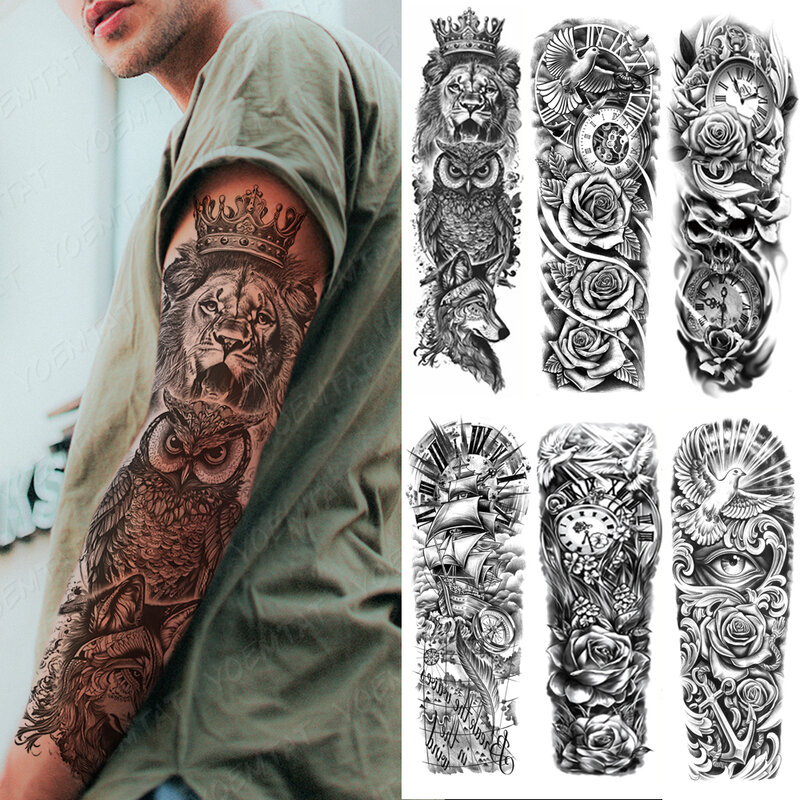 ขนาดใหญ่แขนแขน Tattoo Lion Crown King Rose กันน้ำชั่วคราว Tattoo สติกเกอร์ Wild Wolf Tiger Full Skull Totem ปลอม TATTOO