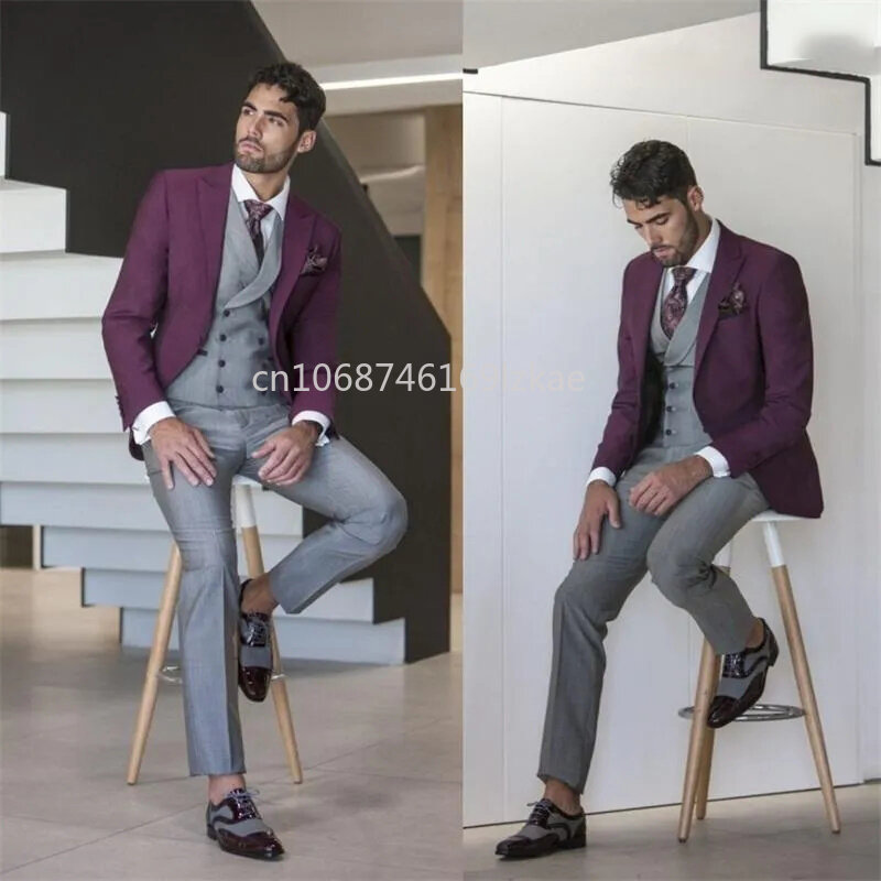 Traje de 3 piezas para hombre, Blazer púrpura, chaleco gris, pantalones, solapa de pico de un solo pecho, elegante conjunto completo de Graduación