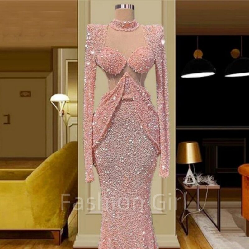 Eleganckie różowe suknie wieczorowe syrenki kobiety długie rękawy cekiny suknie na bal maturalny na szyję formalna okazja sukni impreza celebrowanie