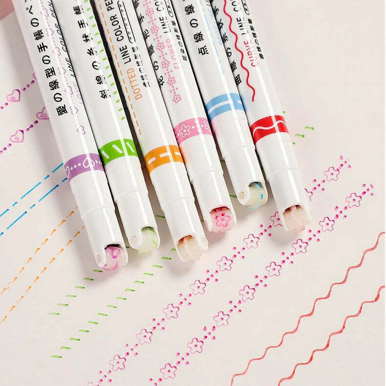 6Pcs Line Vormige Highlighter Pennen Multi Kleurrijke Roller Tip Curve Liner Marker Novelty Briefpapier School Graffiti Art Pen