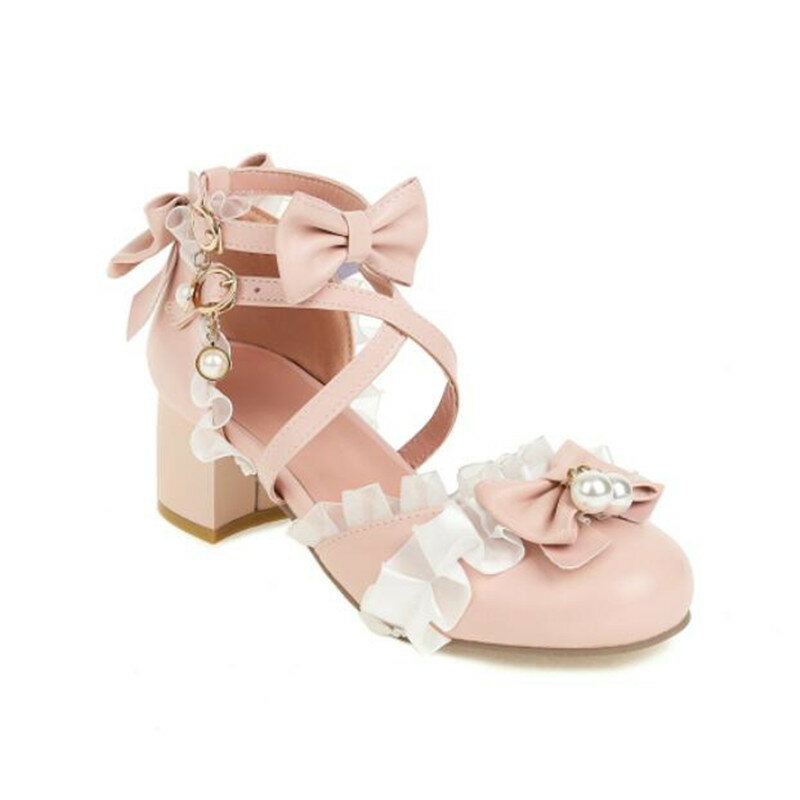 Bambini ragazze scarpe tacco alto bambini sandali principessa moda perla fiocco volant Lolita pompe alte da donna per la festa nuziale 30-48