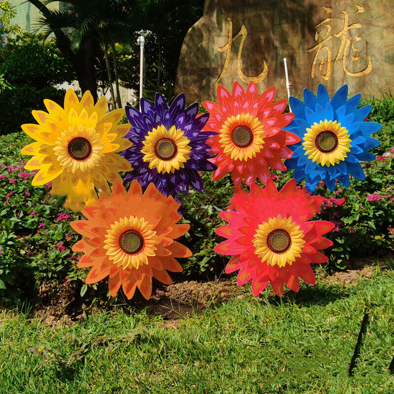더블 레이어 해바라기 다채로운 바람개비 풍차 바람 회 전자 장난감 정원 잔디 웨딩 파티 장식 색상 랜덤, 5 개