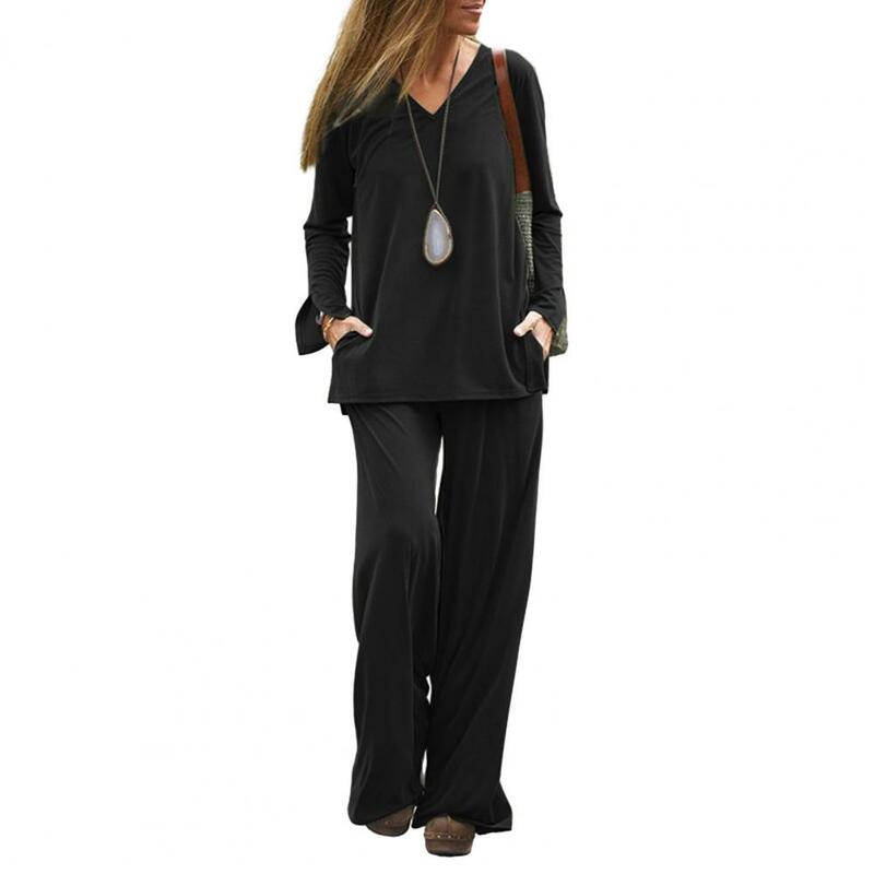 女性用Vネック長袖ブラウスとワイドレッグパンツセットポケット付き、カジュアルでスタイリッシュなトップス、春と秋のファッション