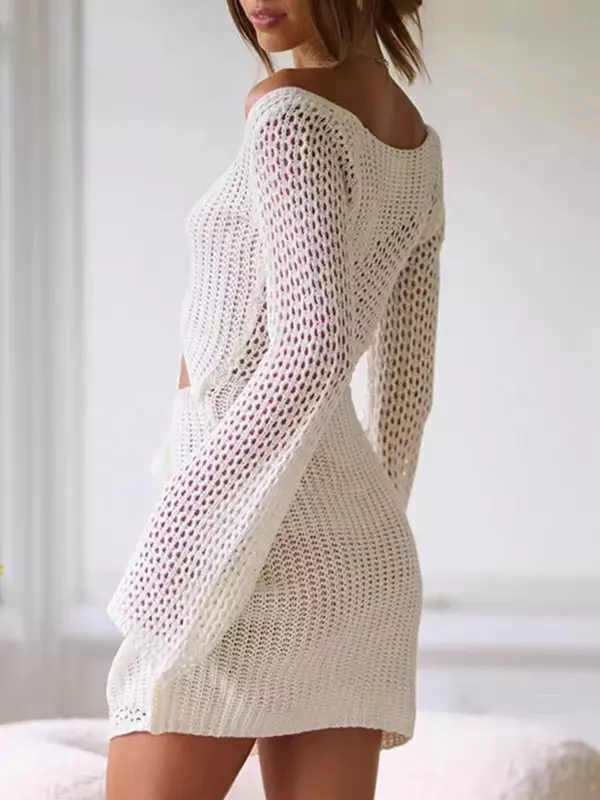 Camisa de malha de crochê longa praia feminina, cobertura sólida, manga comprida, oca fora, moda praia, fato de banho, senhoras nadando, sexy, 2022