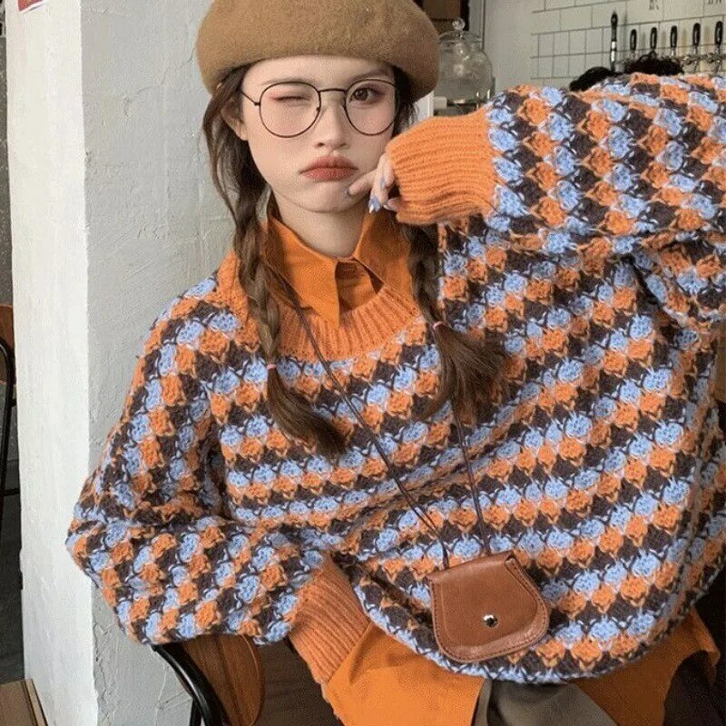Plaid Pullovers Women Long Sleeve Sweaters Fashion All-match Loose Elegant O-neck Knitting Korean Style Streetwear Comfortable