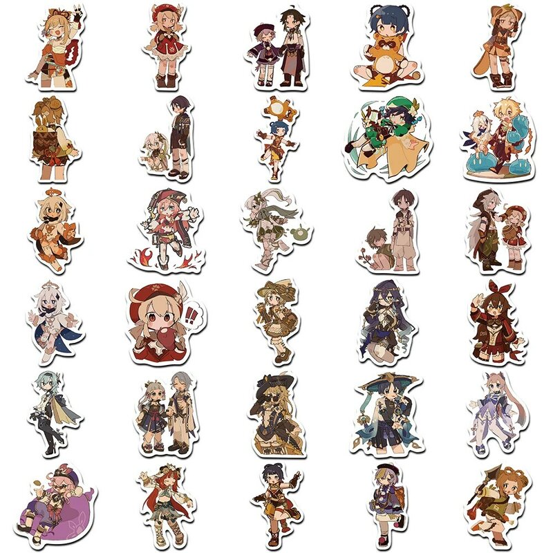 Стикеры аниме «Genshin Impact» с милыми винтажными мультяшными героями, наклейки для детей, игрушек, ноутбуков, мотоциклов, дорожных чемоданов, водонепроницаемые наклейки, 10/30/60 шт.