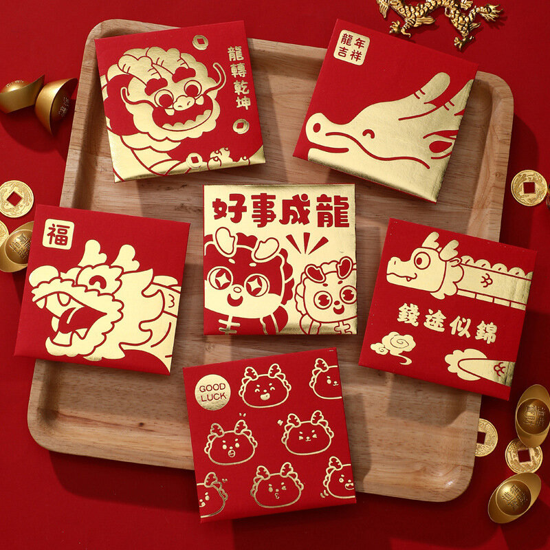 Bolsa de dinero con patrón de dragón auspicioso de Año Nuevo, sobre rojo de papel, sobre de dinero de felicitación de Año Nuevo, 6 unids/lote por paquete