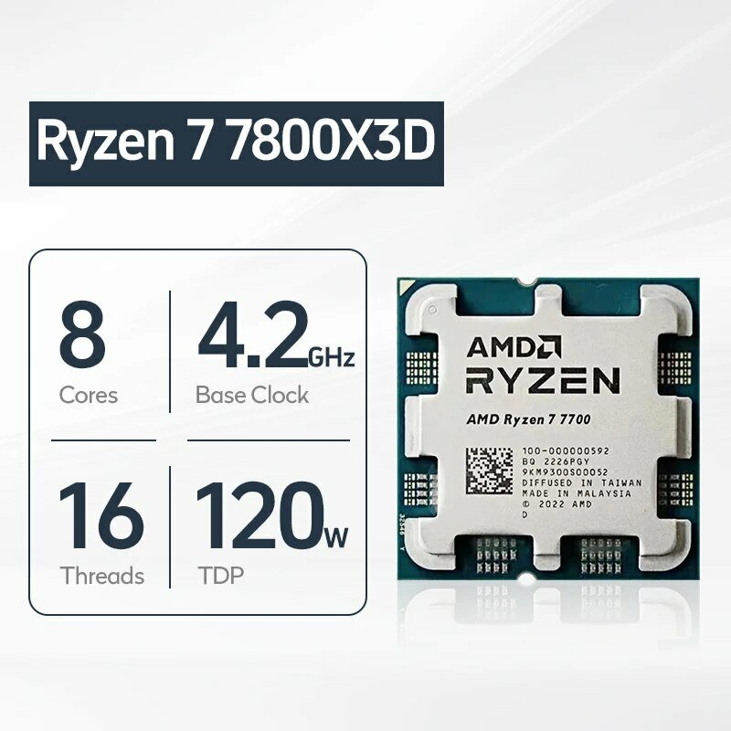 統合されたgpuを備えたamd ryzenデスクトッププロセッサ、7 7800x3D、8コア、16スレッド、4.2GHz、ddr5、5200、120w、am5ソケット、統合チップ