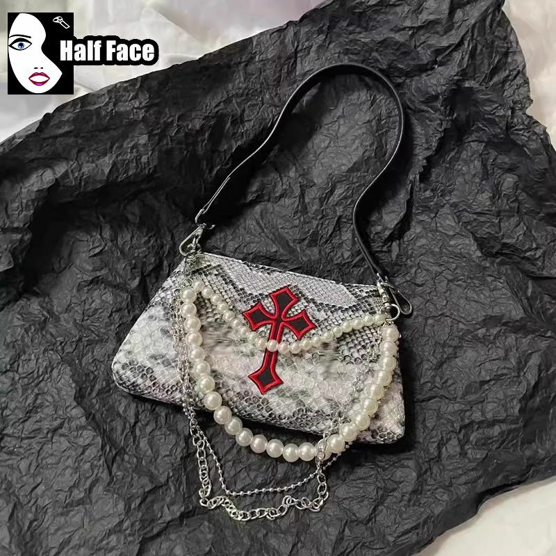 Y2k würzige Mädchen Harajuku Frauen Gothic Punk Schlange Kreuz einzelne Perle Kette eine Schulter Lolita Mini Vintage Umhängetaschen Tasche