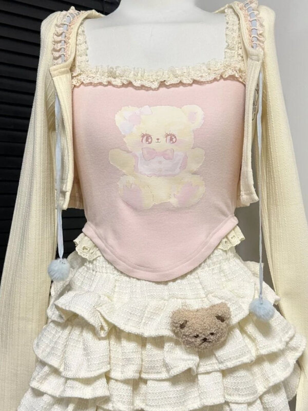 Japoński 3-częściowy zestaw Lolita Kawaii dla kobiet Koronkowa koreańska słodka spódnica Kombinezon dla kobiet Różowa kamizelka z nadrukiem + kardigan z długim rękawem + mini spódniczka