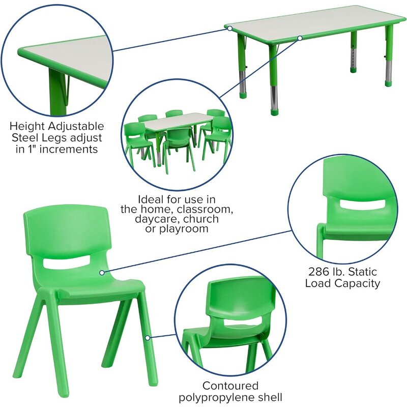 子供のための調節可能な教室のアクティビティテーブル、6つの積み重ね可能な椅子を備えた長方形のプラスチックアクティビティテーブル、23.625 "w x 47.25" l