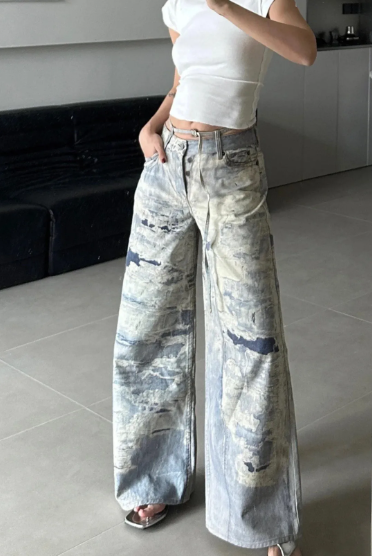 กางเกงยีนส์ของ Wome หมึกพิมพ์ทำย้อนยุค2024ฤดูใบไม้ผลิใหม่ผู้หญิง celana DENIM longgar ตรง