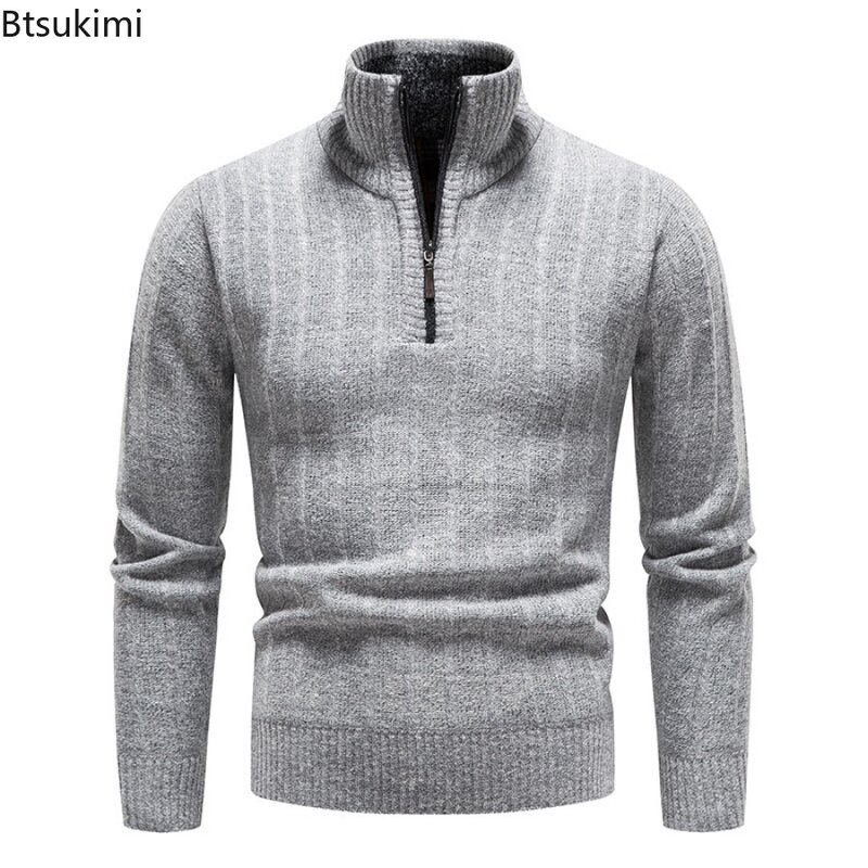 Suéter de malha de meia zip masculino, pulôveres de malha quente, lã mais grossa, sólida térmica, nova moda, inverno, 2024