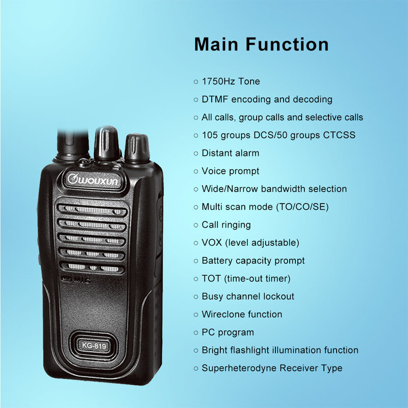 Wouxun KG-819ได้สองทางวิทยุ VHF /uhf wideband และ narrowband ที่เลือกได้ (25/12.5kHz) dtmf/sos/dcs/ctcss วิทยุ FM ที่ปรับจูนแบบดิจิทัล