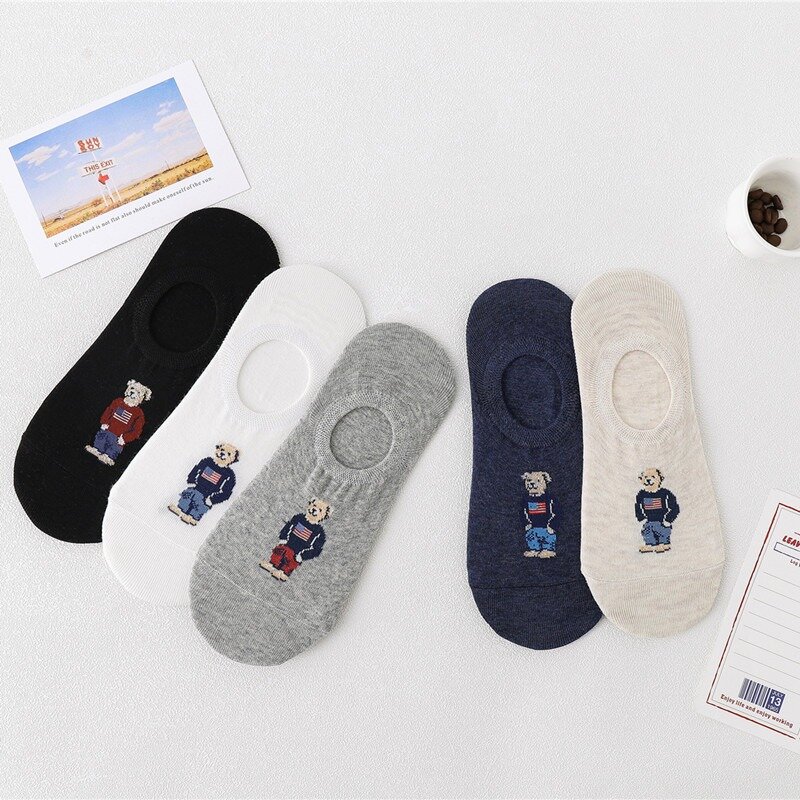 5pairs/lot Fashion Men's Boat Socks Non-slip Invisible Silicone Cotton Ankle Slippers Cartoon Bear Summer Autumn Socks