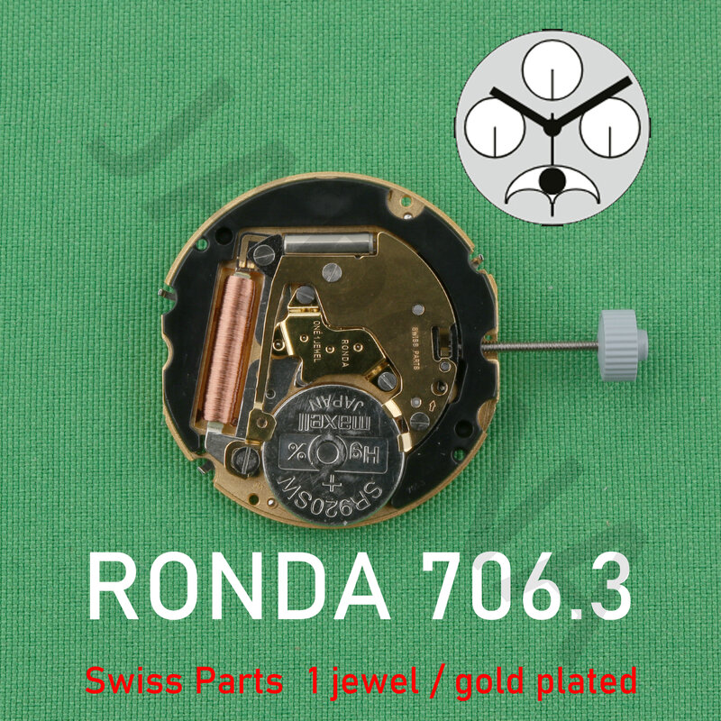 Ronda 706スイスムーブメント、706.3移動式、6つのクォーツハンド、xtratech、nスイス部品、宝石類ゴールドメッキ