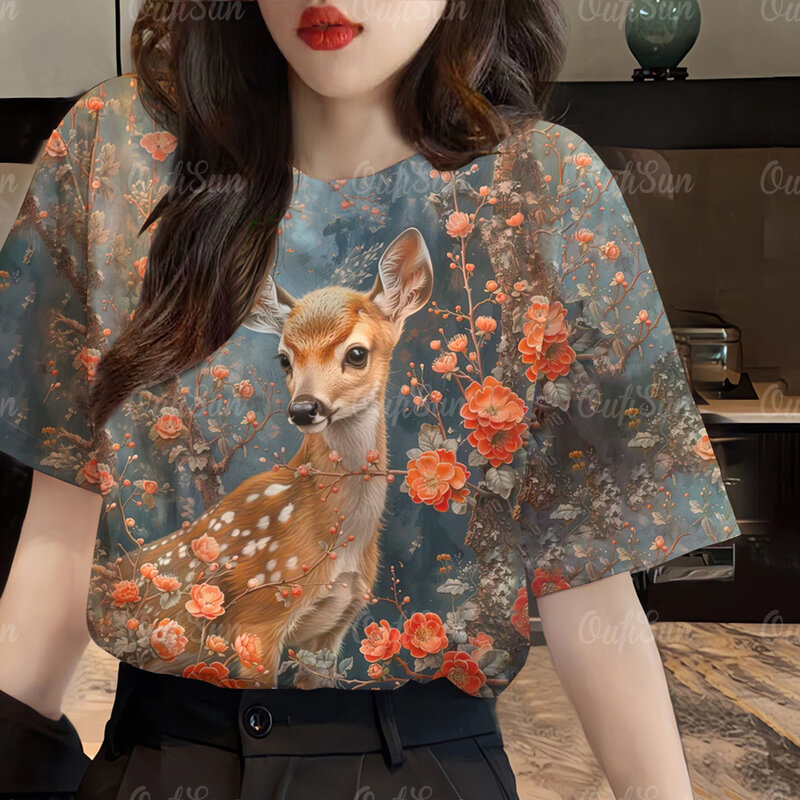 Camisetas con estampado 3D de animales para mujer, ropa informal de manga corta con cuello redondo, Top holgado, 2024