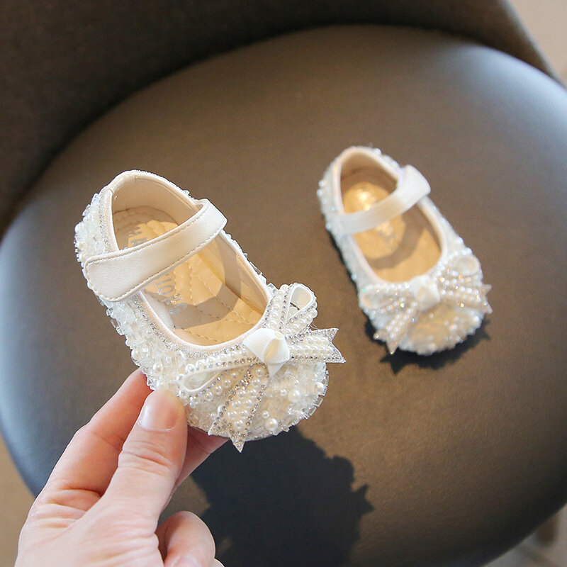 Zapatos de primeros pasos para bebé y niña, zapatos individuales con lazo, perla, regalo de cumpleaños, Princesa, boda