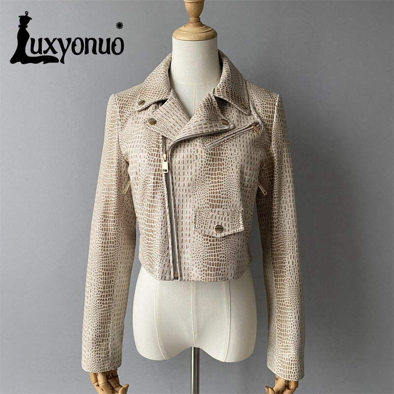 Luxyonuo jaket kulit domba untuk wanita, jaket motor ritsleting gaya pendek Musim Semi, mantel potongan kulit domba baru