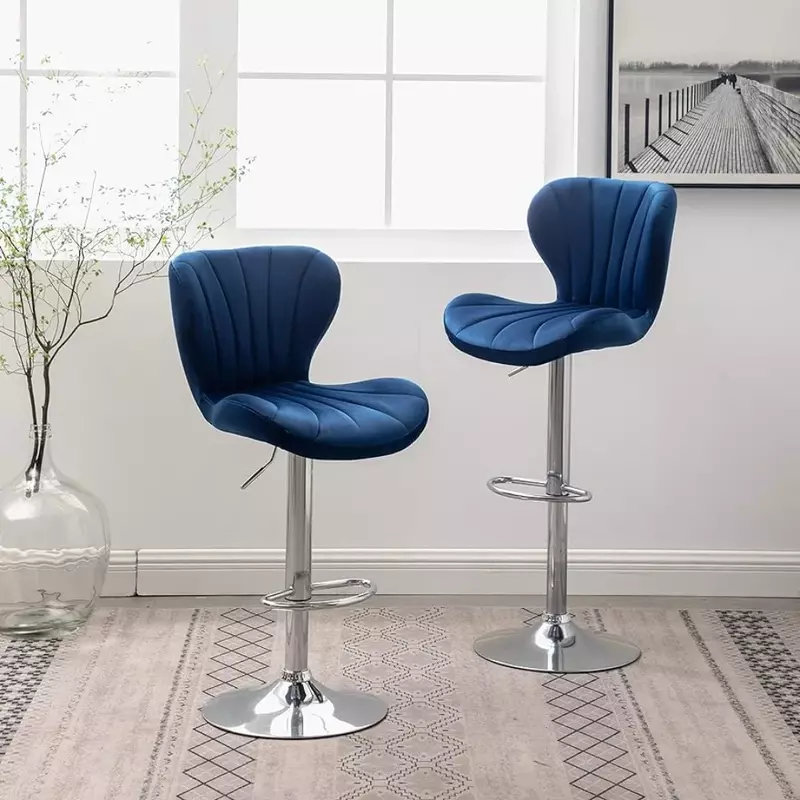 Bar stool velvet adjustable swivel stool, foam-filled blue, set of 2