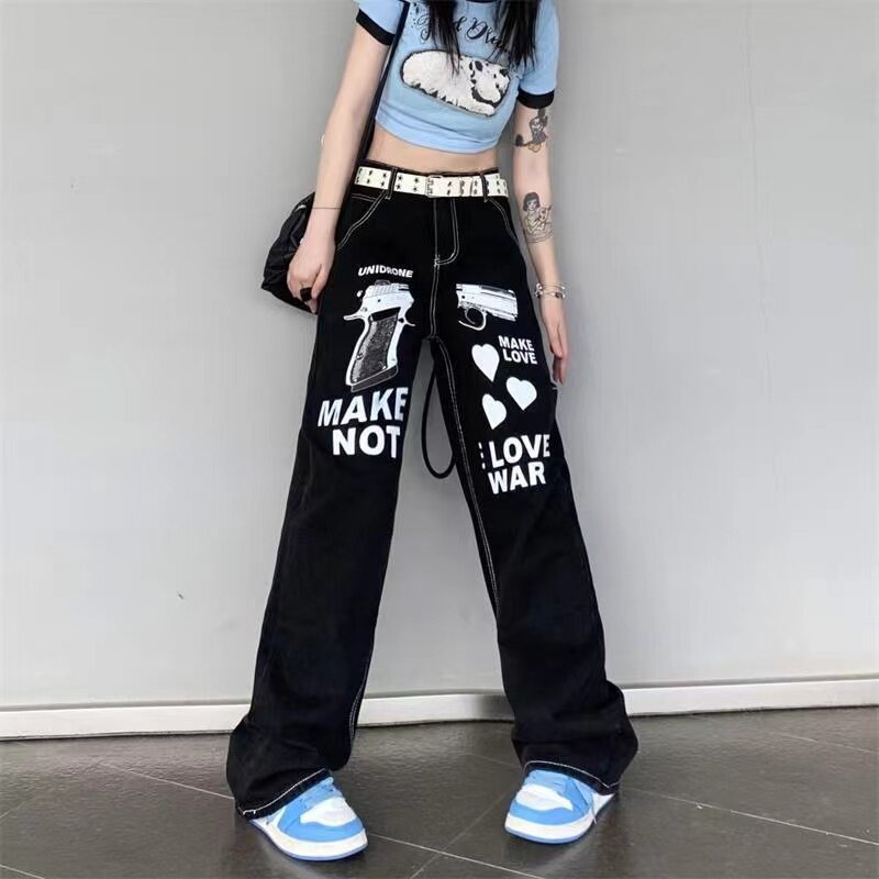 Уличные простые джинсы с персонализированным принтом женские прямые джинсы в американском стиле в готическом стиле Y2K джинсы в стиле хип-хоп парные уличные штаны