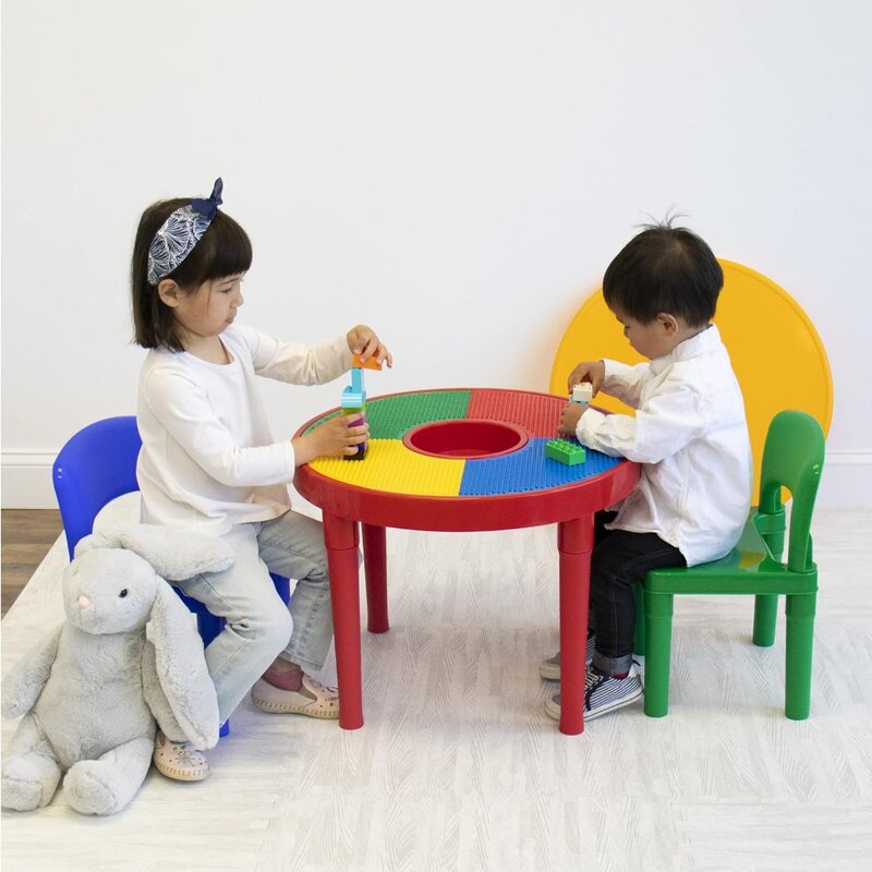 Children's tables and chairs Red/Green/Blue Kids 2-in-1 Plastic Blocks-Compatible Activity Table and 2 Chairs Set,Primary Colors