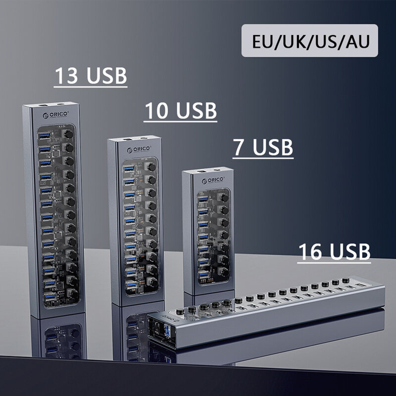 ORICO-Powered USB Hub Splitter Socket com Multi USB 3.0 Port, Slot Plug, On-Off, Switch Dock, Power Strip Adapter para PC, Laptop