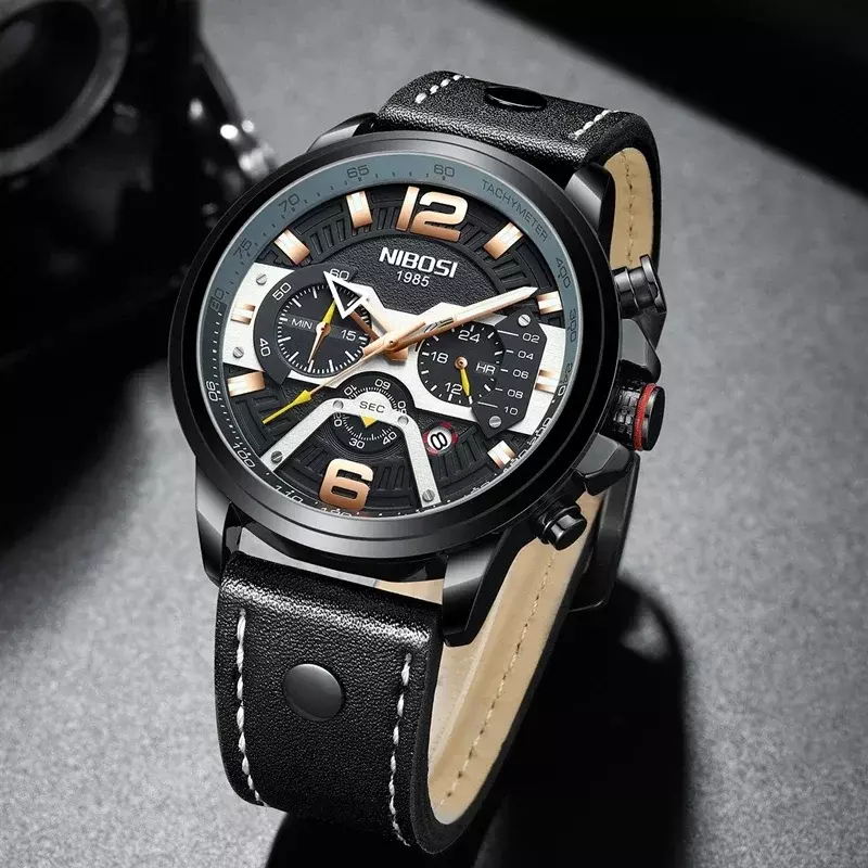Nibosi Sport Horloge Mannen Topmerk Luxe Mode Chronograaf Mannen Horloge Militair Leer Groot Casual Polshorlogio Masculino