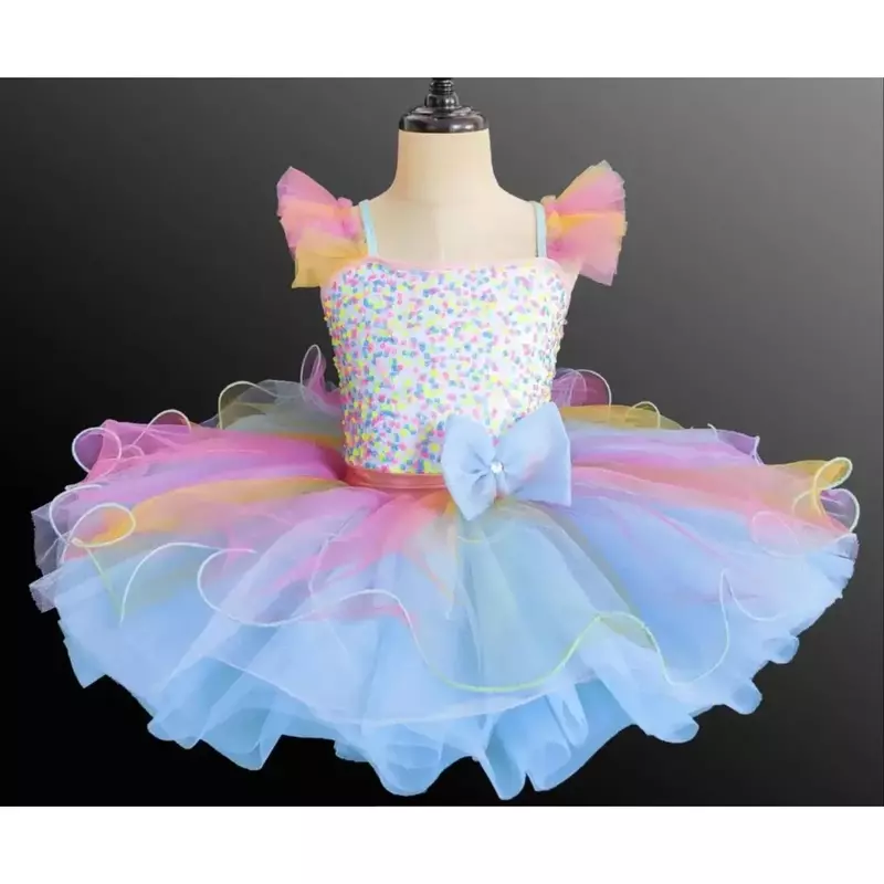 Kinder Ballsaal Kleidung Pailletten Ballett Tutu Kleid Mädchen Regenbogen Farbe moderne Leistung Kleidung tragen Ballett Prinzessin Kleid