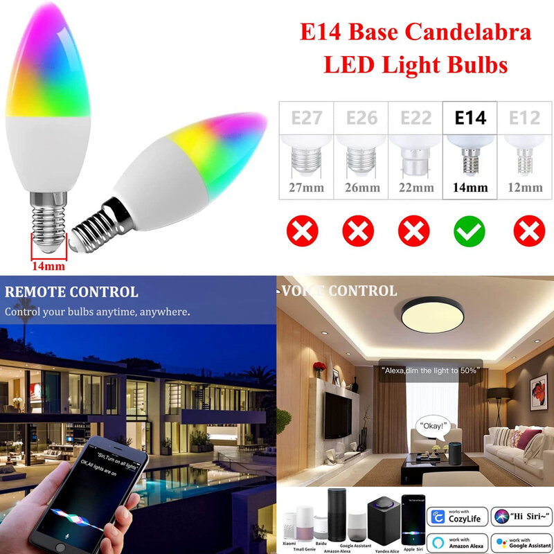 HomeKit-bombilla LED inteligente E14, lámpara de vela RGB + CW, regulable, colorida, Control por aplicación Cozylife, funciona con Alexa y Google Siri