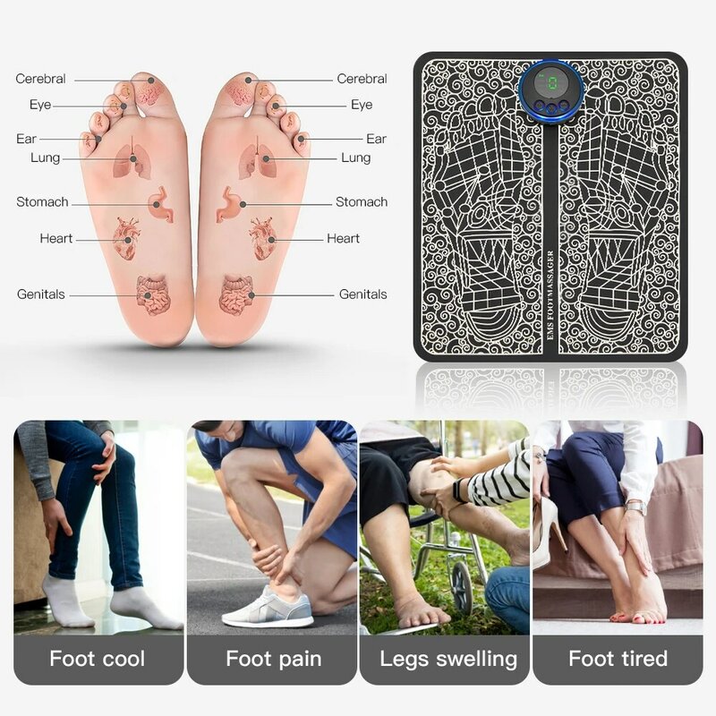 Masajeador eléctrico EMS para pies, esterilla para aliviar el dolor, relajación, acupuntos, estimulación muscular, mejora la circulación sanguínea