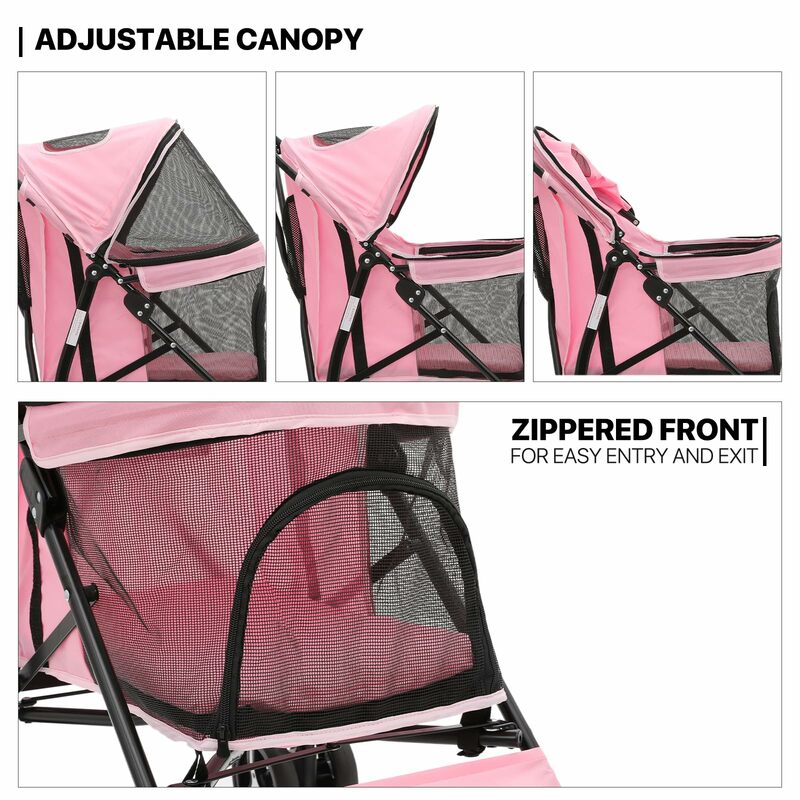 Pink Easy-Fold Pet Stroller: Sun Cover, Breathable Mesh, for Pet up to 22lbs