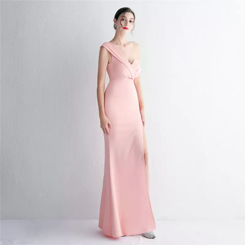 Sladuo Women's One Shoulder  Bridesmaid Dresses Long With Slit Pleats Satin Mermaid Formal Wedding Party Gowns