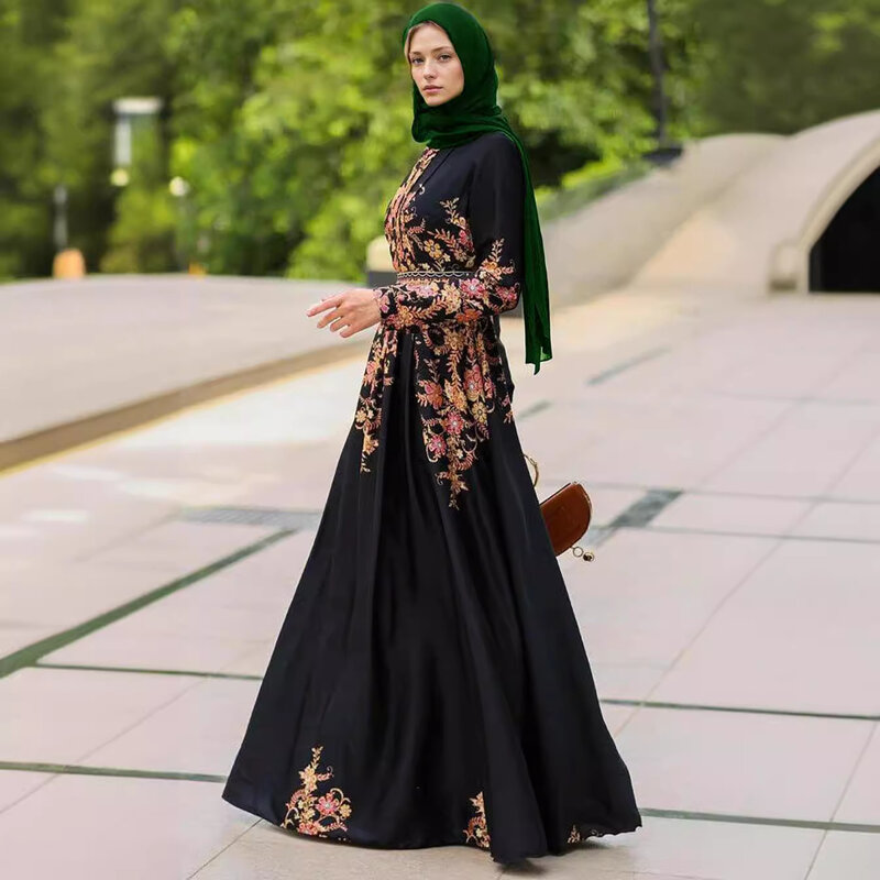Busana mewah Muslim gaun Maxi bunga jubah wanita hitam gaun pemosisian bunga gaun panjang Arab Islam Timur Tengah