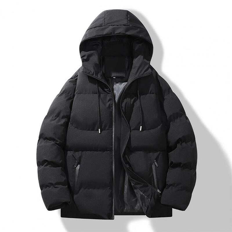 Winter Men Cotton Coat Thickened Padded Zip Up Zipper Pockets Warm Coat Windproof Heat Retention Hooded Men Down Coat
